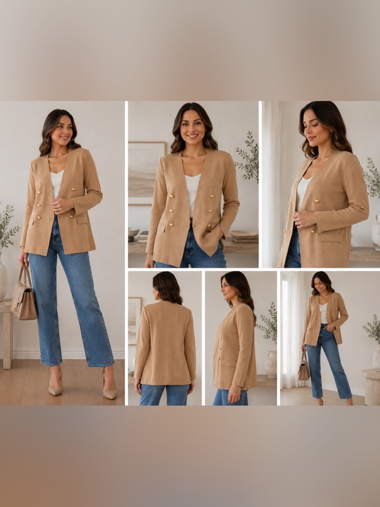 Marled by Reunited Clothing Jackets & Blazers - Marled by RC Tan Sweater Blazer XL Gold-Like Buttons Double Breasted Knit Jacket